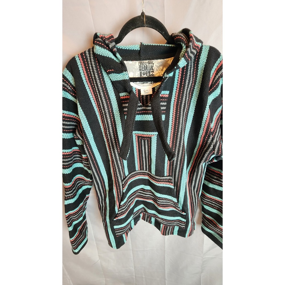 Senor Lopez Baja Hoodie Mens XL Black Turquoise Striped Surf Poncho Drug Rug